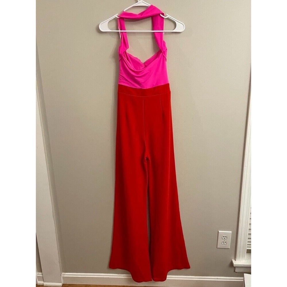 Fashion Nova Cool and Composed Jumsuit Red/Neon Pink Medium Flare Pant Club - Picture 4 of 10